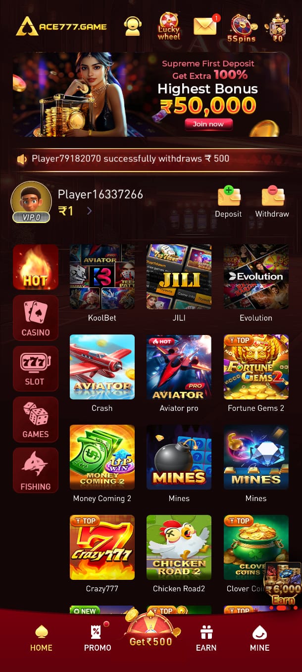 Download the latest Ace777 APK and enjoy online gaming anytime.